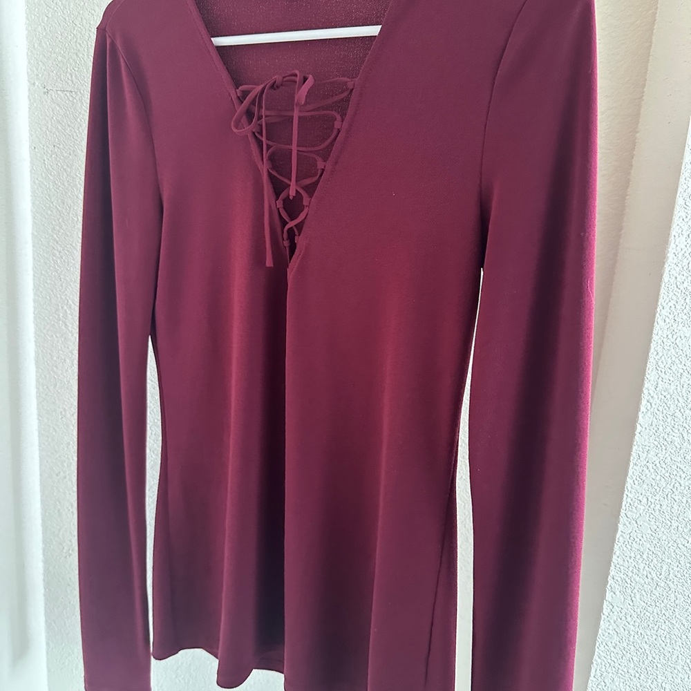 Express Red Long Sleeve Tie Front Blouse